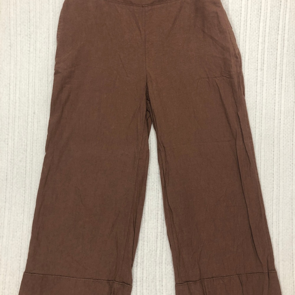 Chicos‎ Brown Linen Blend Wide Leg Cropped Pants Size 0 Elastic Waist Casual
